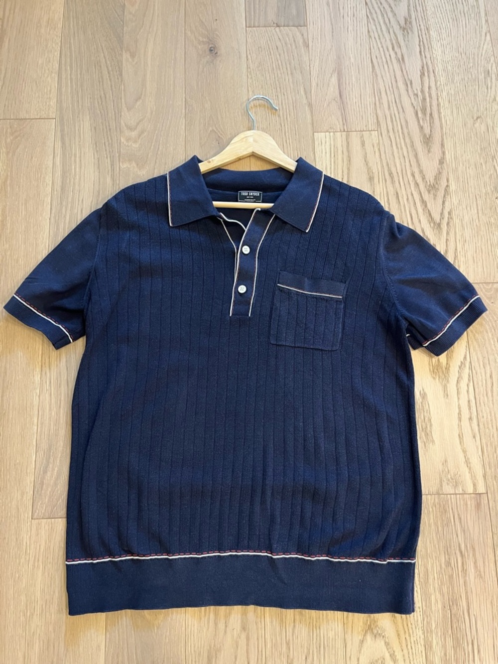Todd Snyder Silk Cotton Ribbed Knit Polo Shirt Navy M Tipped